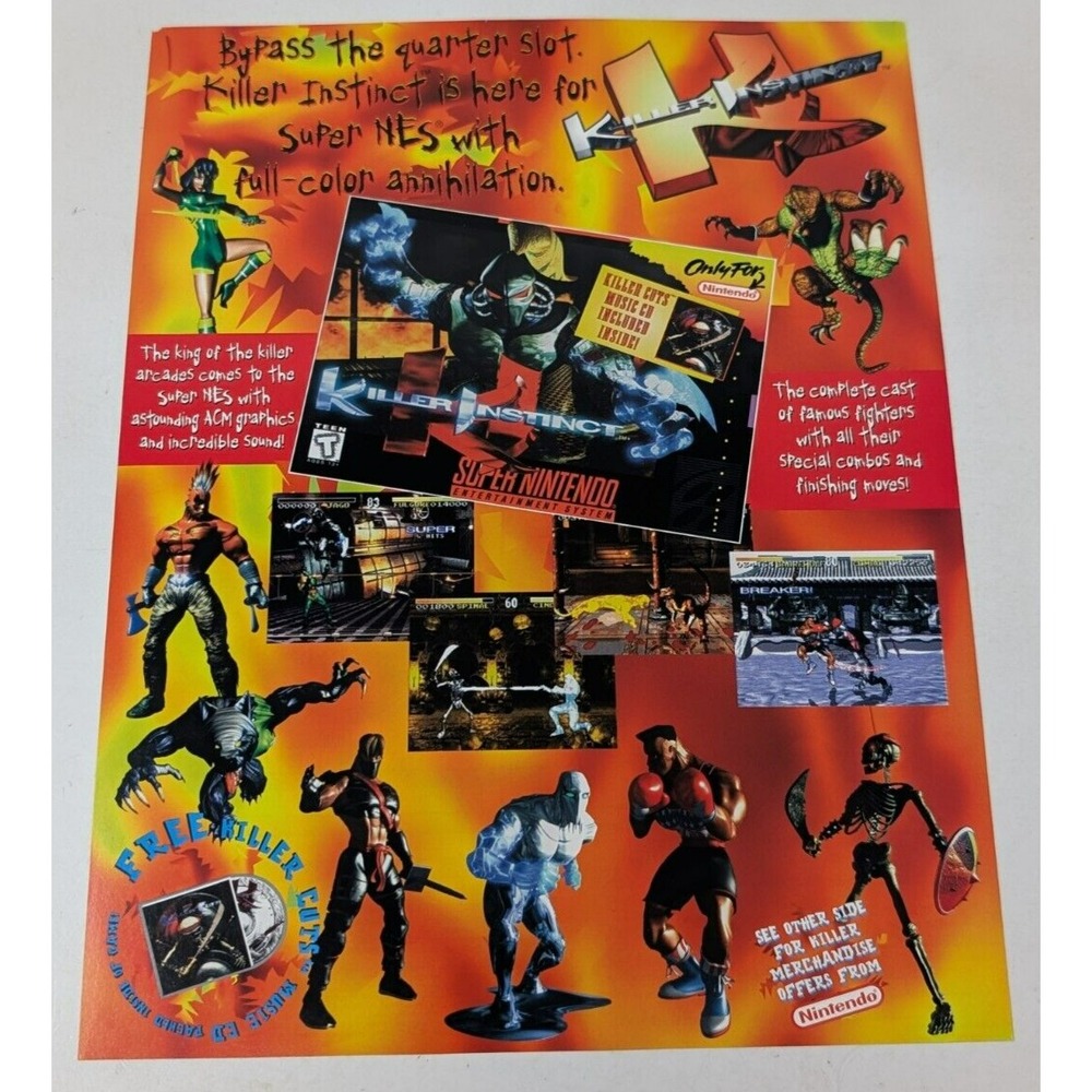 Super Nintendo NES Killer Instinct Display Flyer‎ Form Promo Promotional VTG 90s